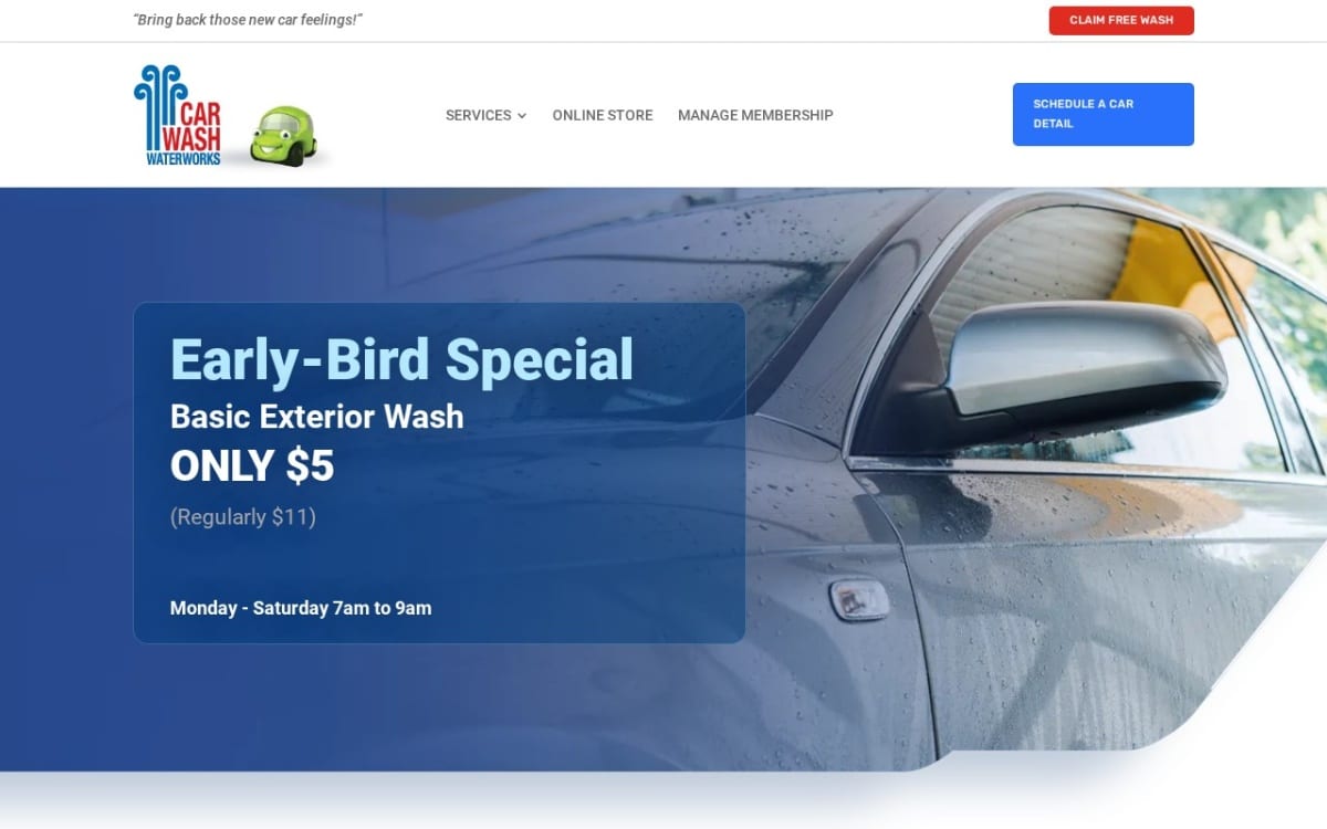 Waterworks Car Wash & Detail Center auto detailing website homepage