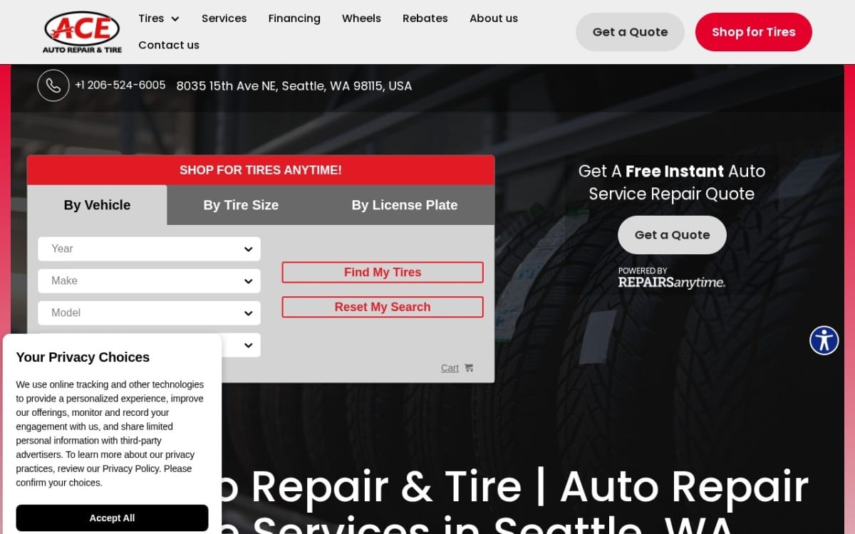 Ace Auto Repair & Tire auto repair shop website homepage