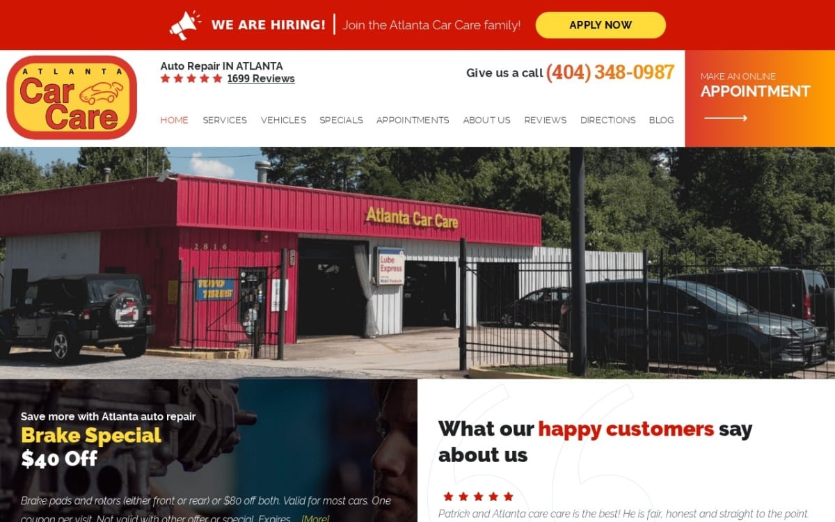 Atlanta Car Care auto repair shop website homepage
