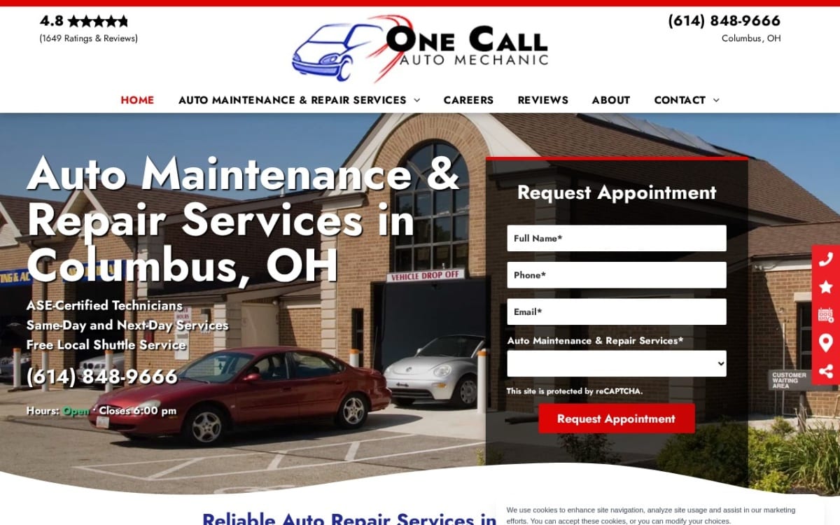 One Call Auto Mechanic auto repair shop website homepage