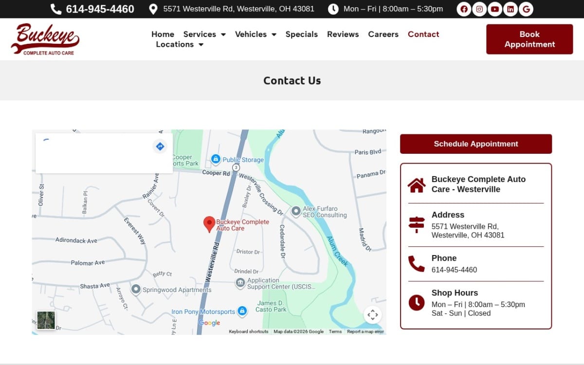 Buckeye Complete Auto Care auto repair shop website homepage