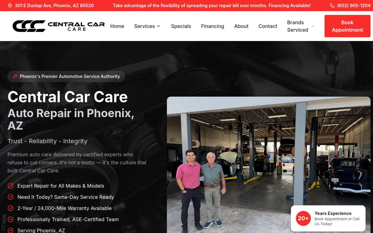 Central Car Care auto repair shop website homepage