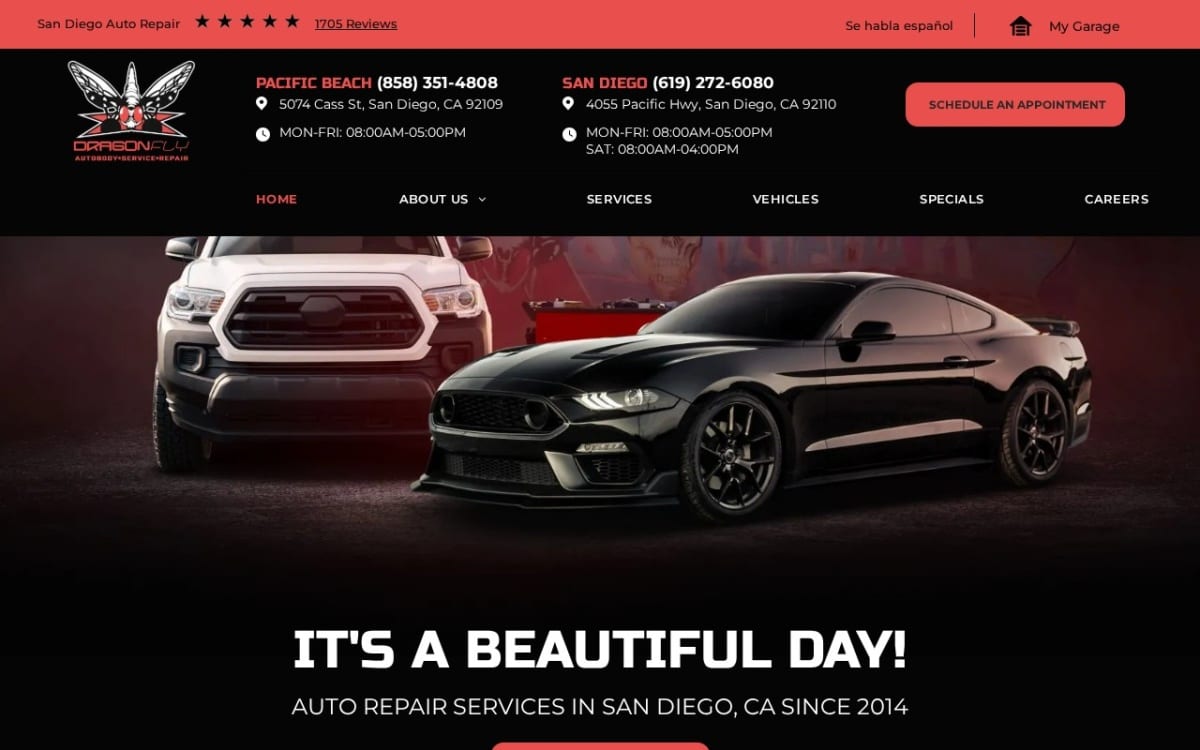 Dragonfly Automotive auto repair shop website homepage