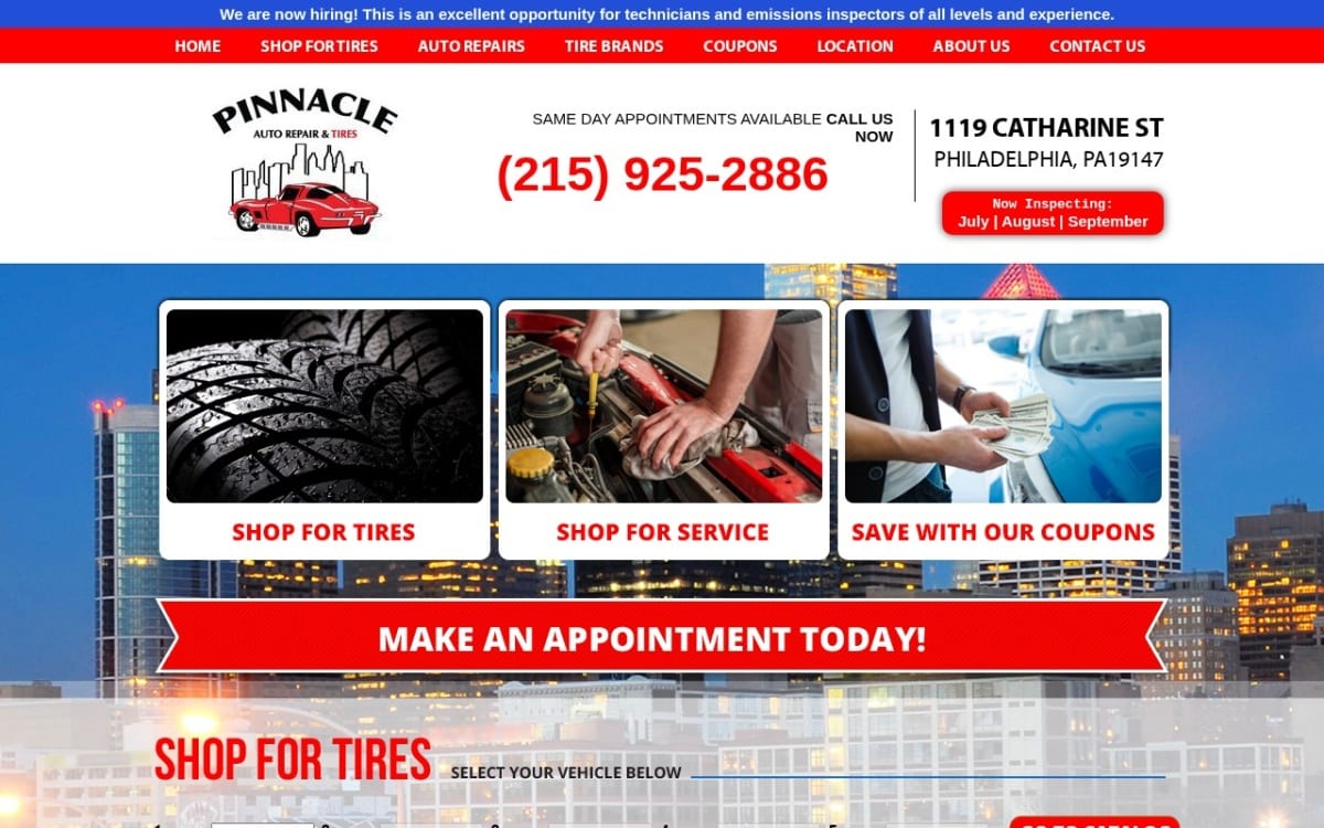 Pinnacle Auto Repair and Tires auto repair shop website homepage