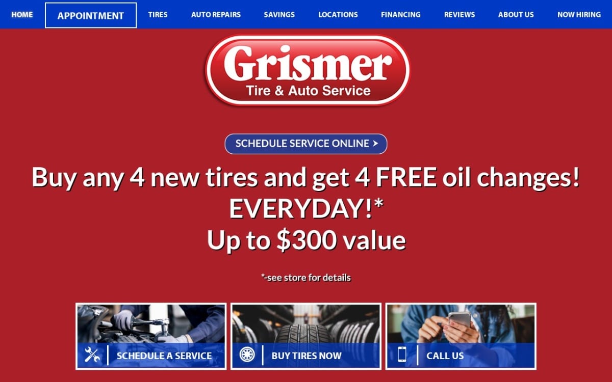 Grismer Tire & Auto Service Center auto repair shop website homepage