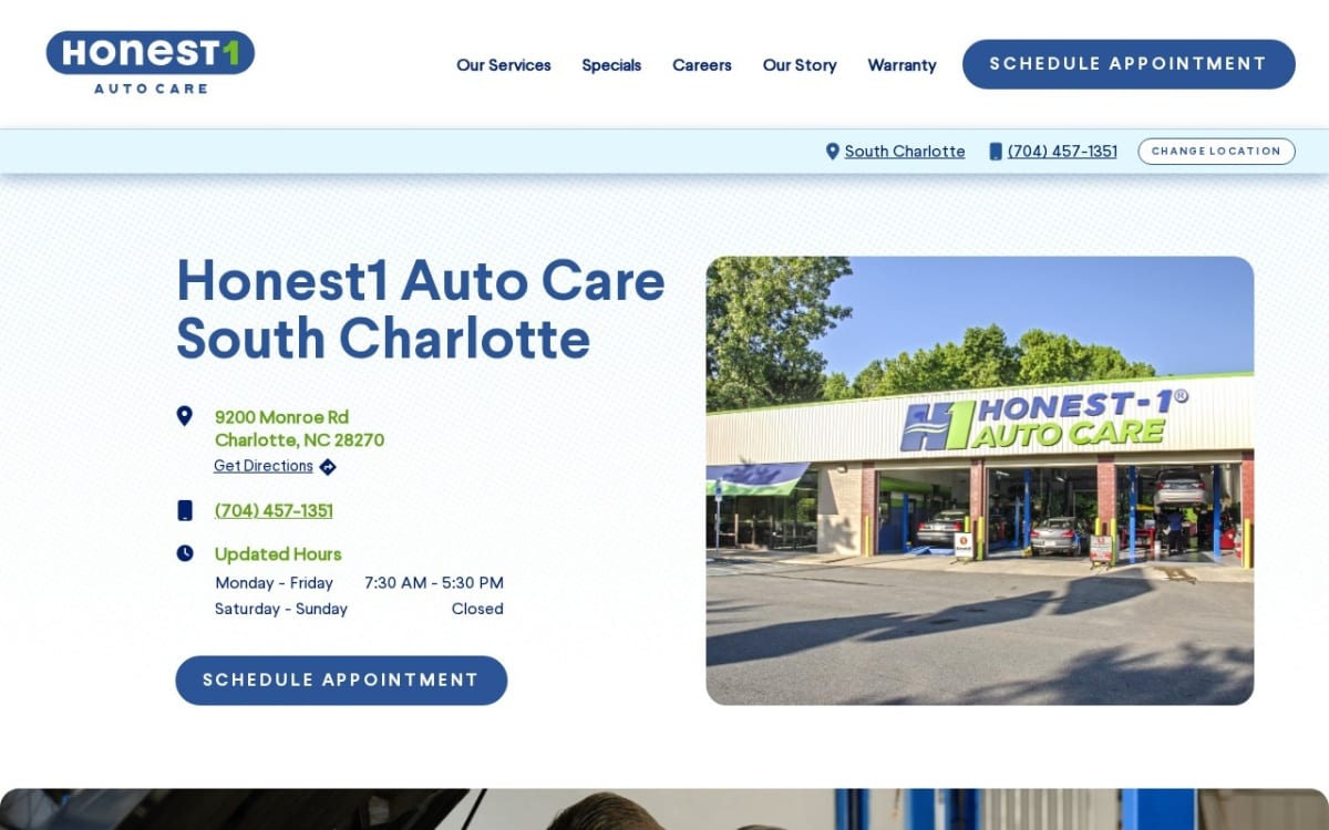 Honest-1 Auto Care auto repair shop website homepage