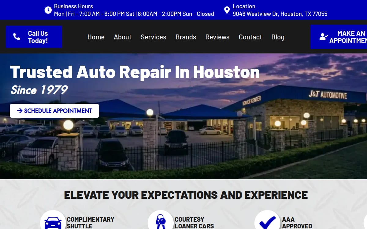 J&T Automotive auto repair shop website homepage