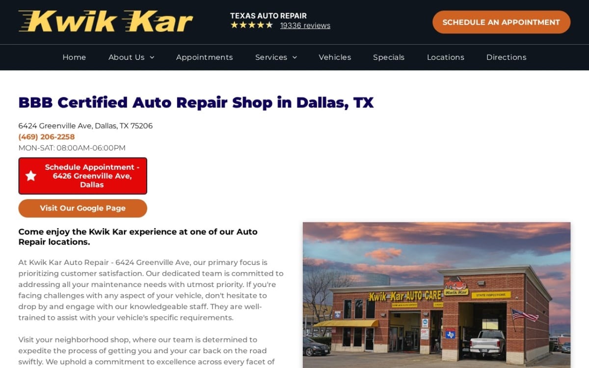 Kwik Kar Auto Care Center Dallas auto repair shop website homepage