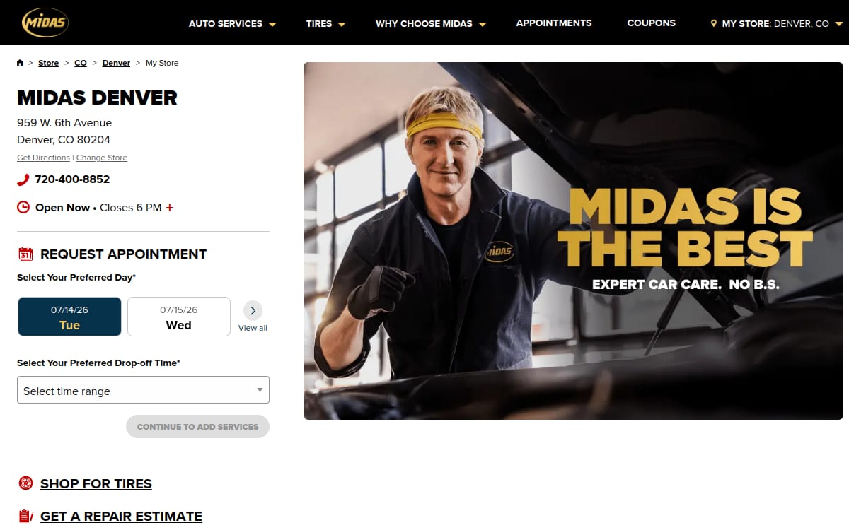 Midas auto repair shop website homepage