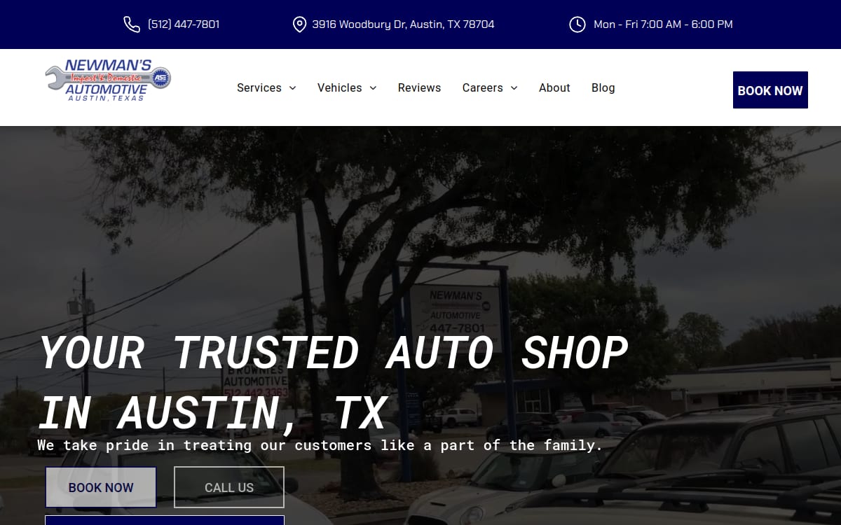 Newman's Automotive auto repair shop website homepage