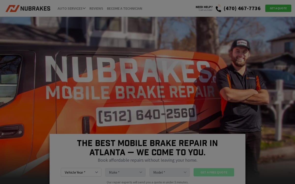 NuBrakes Mobile Brake Repair auto repair shop website homepage