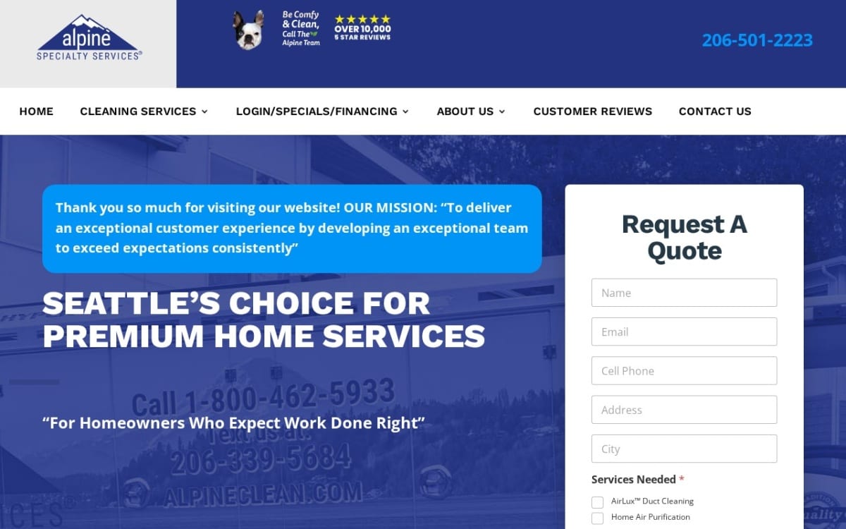 Alpine Specialty Services carpet cleaning website homepage