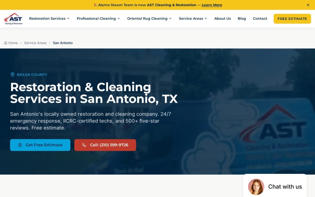 AST Cleaning & Restoration carpet cleaning website homepage