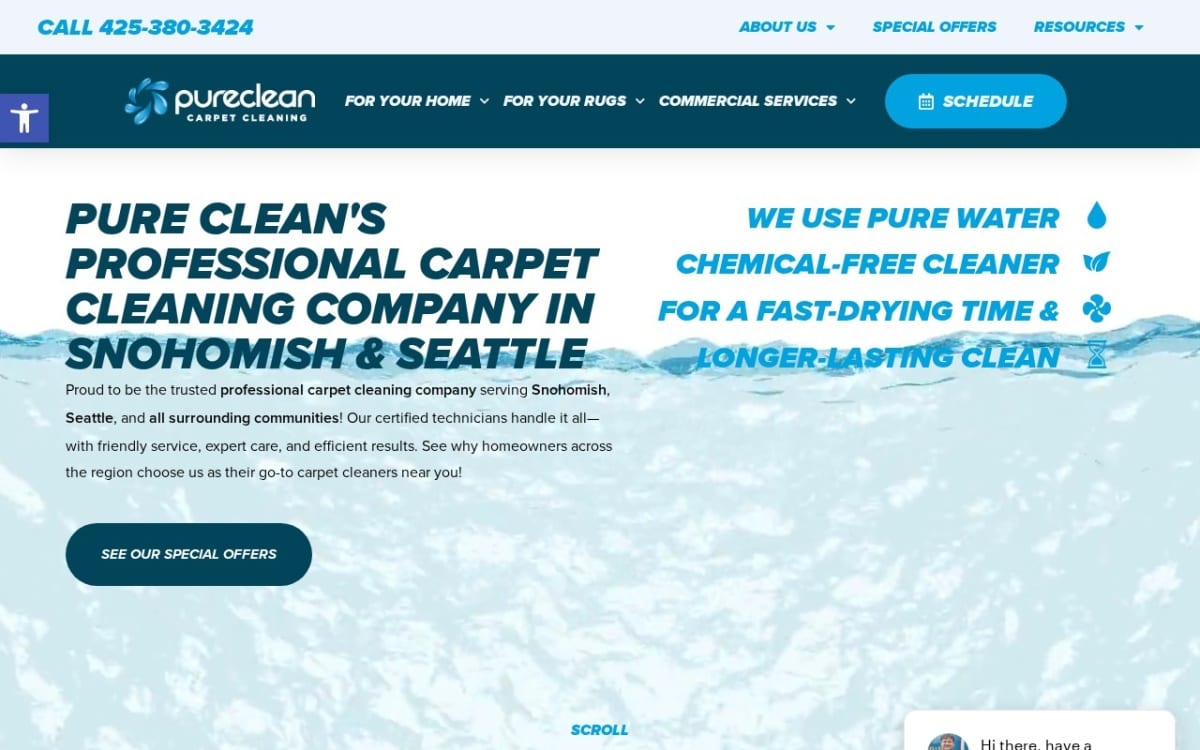 PureClean carpet cleaning website homepage