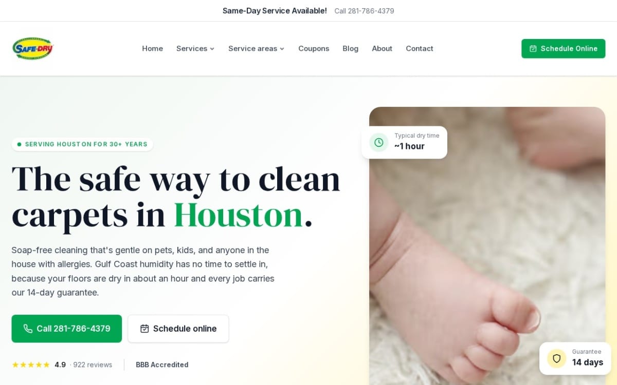 Safe-Dry Carpet Cleaning of Houston carpet cleaning website homepage