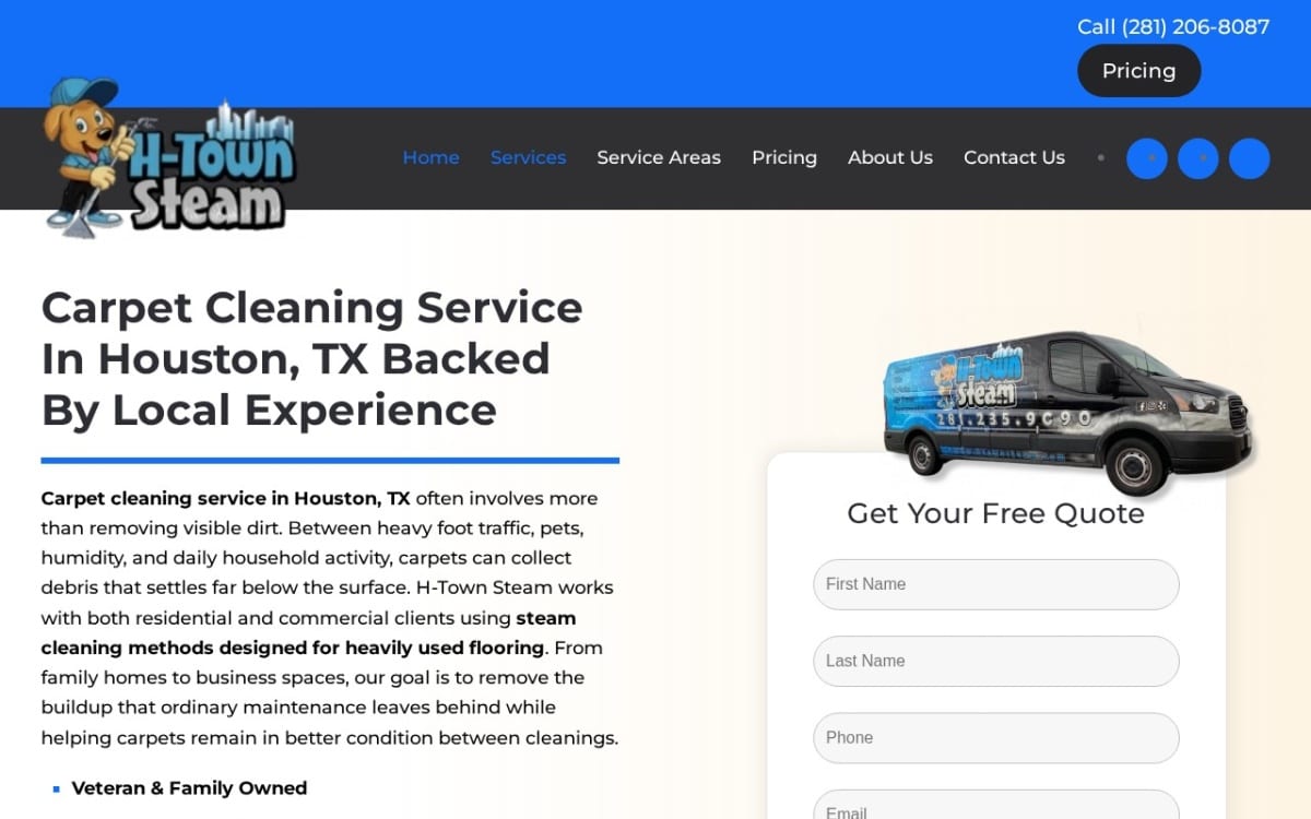 H-Town Steam carpet cleaning website homepage