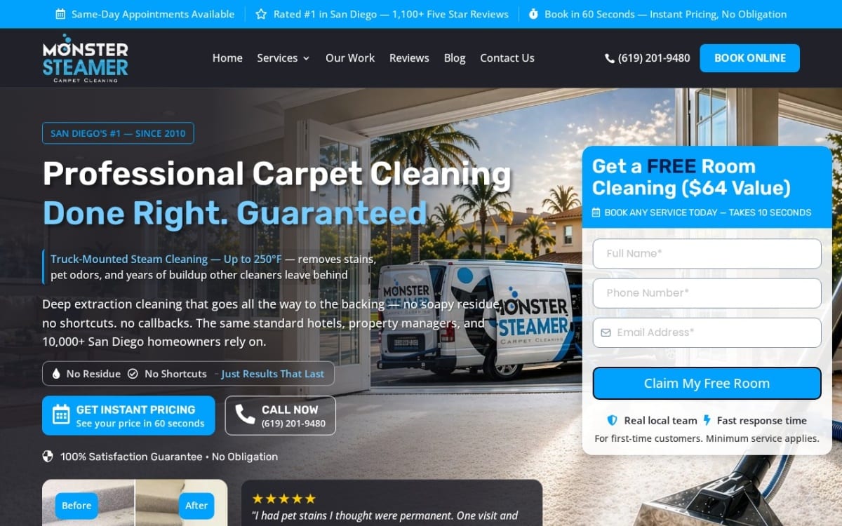 Monster Steamer Carpet Cleaning carpet cleaning website homepage