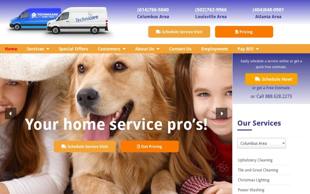 Technicare Home Pros carpet cleaning website homepage