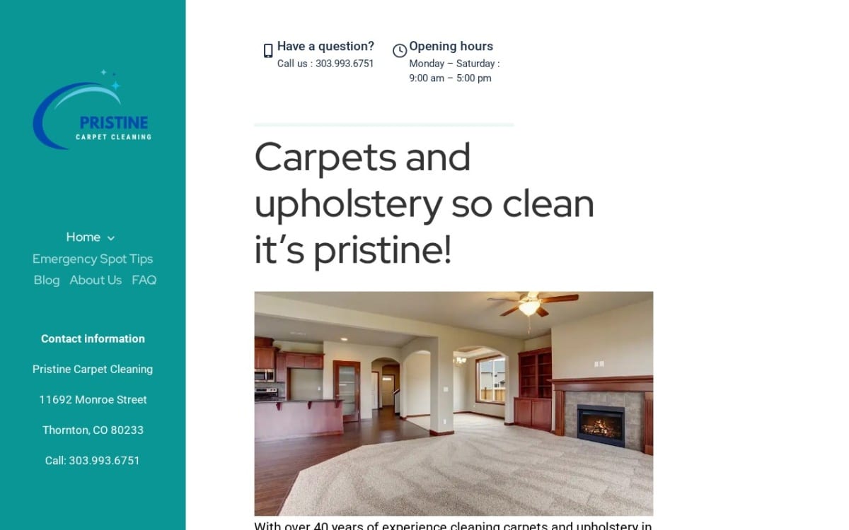 Pristine Carpet Cleaning carpet cleaning website homepage