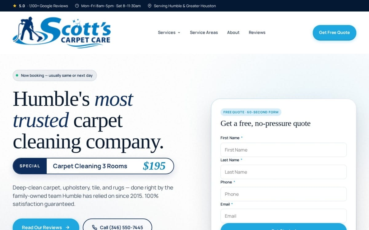 Scott's Carpet Care carpet cleaning website homepage