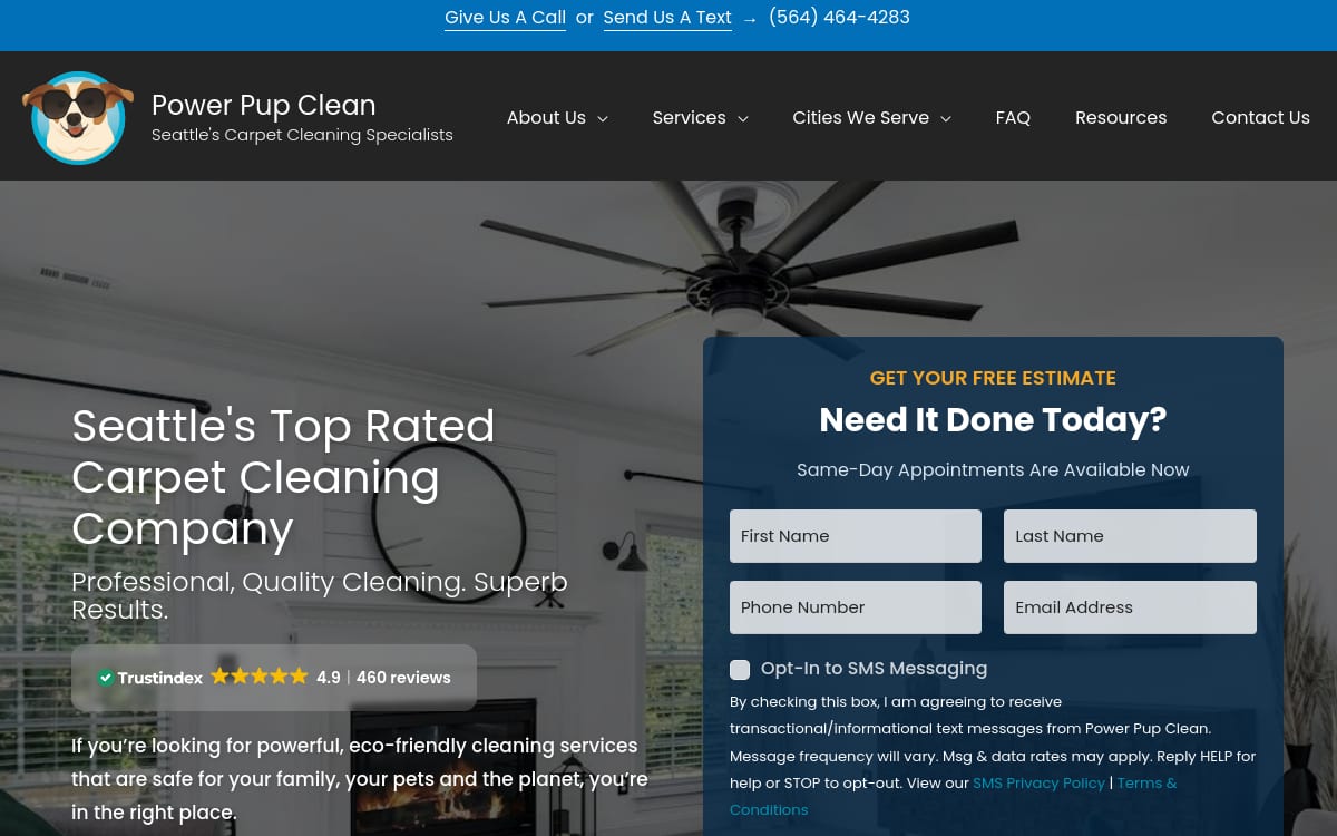 Power Pup Clean carpet cleaning website homepage
