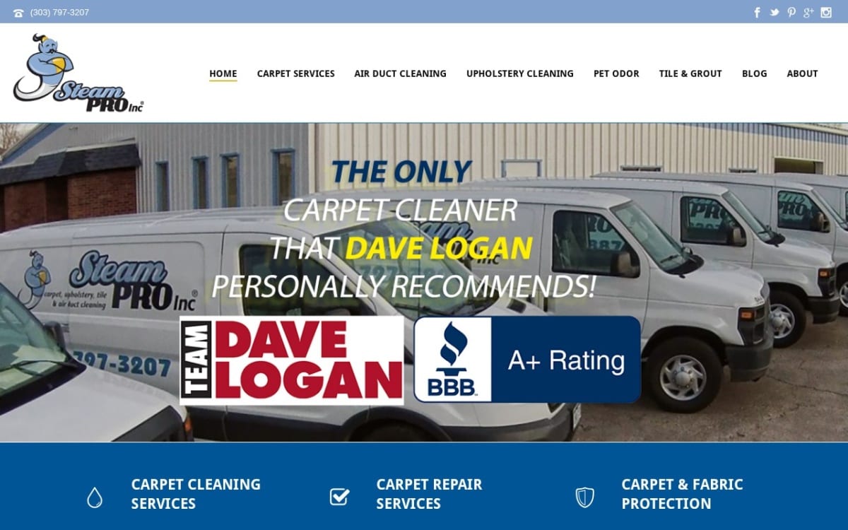 Steam Pro Inc carpet cleaning website homepage