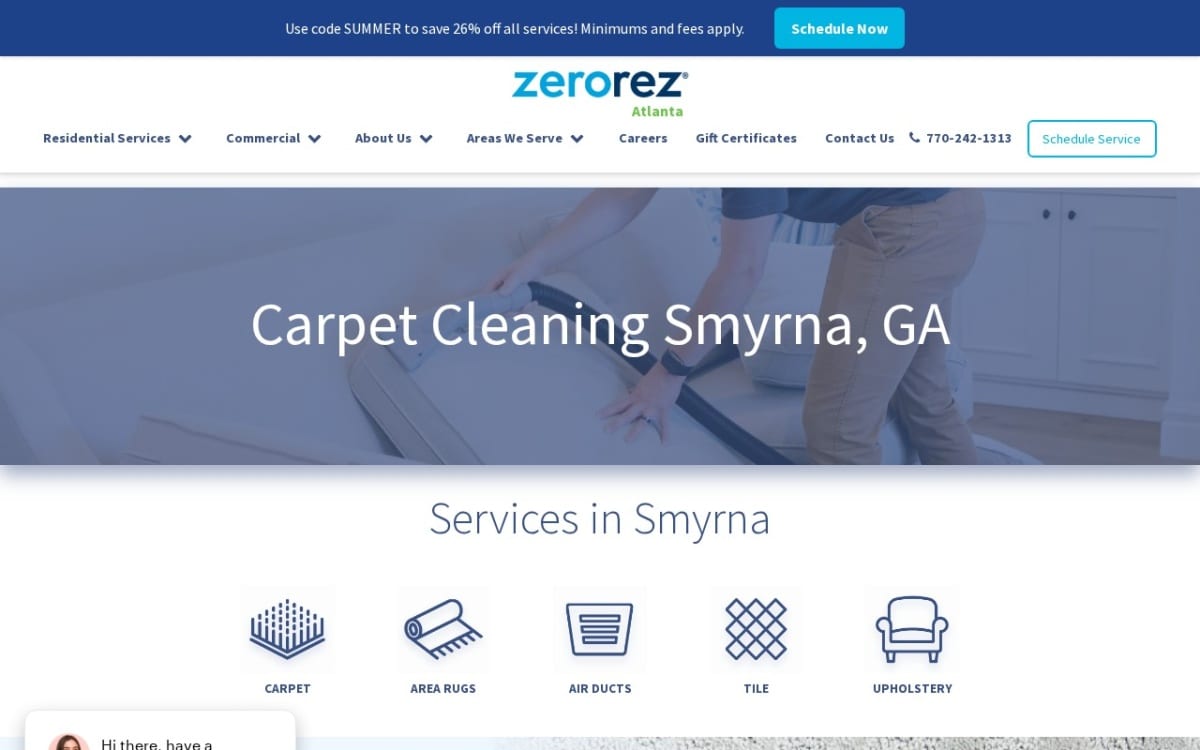 Zerorez carpet cleaning website homepage