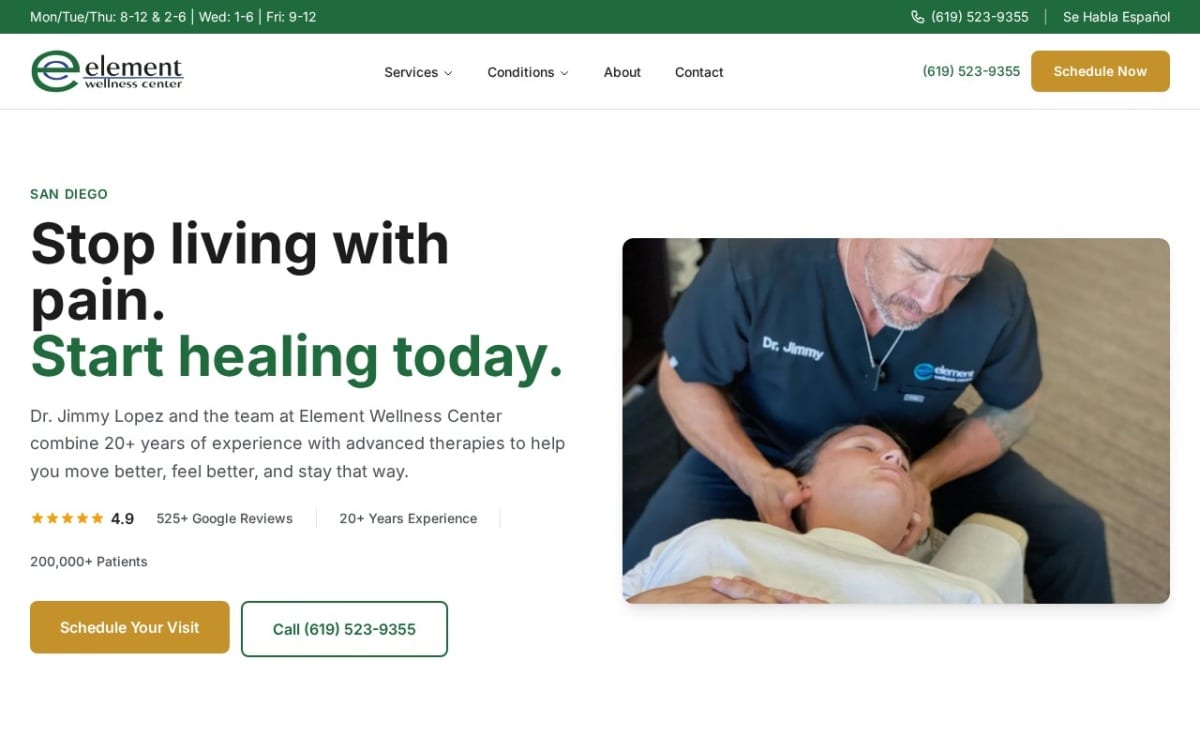 Element Wellness Center chiropractor website homepage