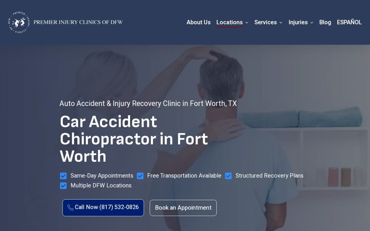Premier Injury Clinics Fort Worth chiropractor website homepage