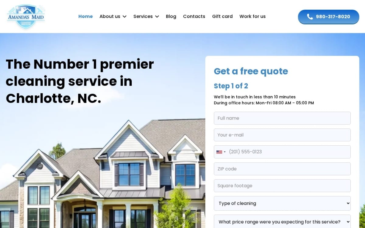 Amanda’s Maid Cleaning Services cleaning service website homepage