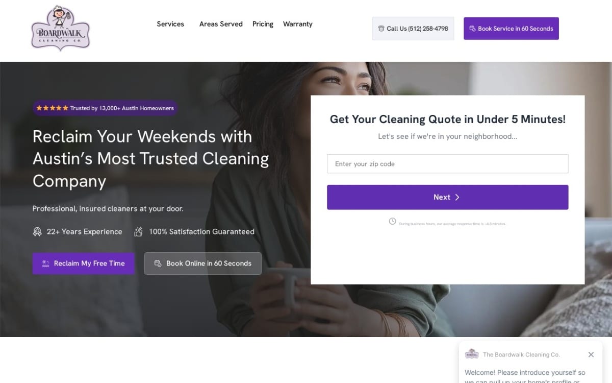 The Boardwalk Cleaning Co. cleaning service website homepage