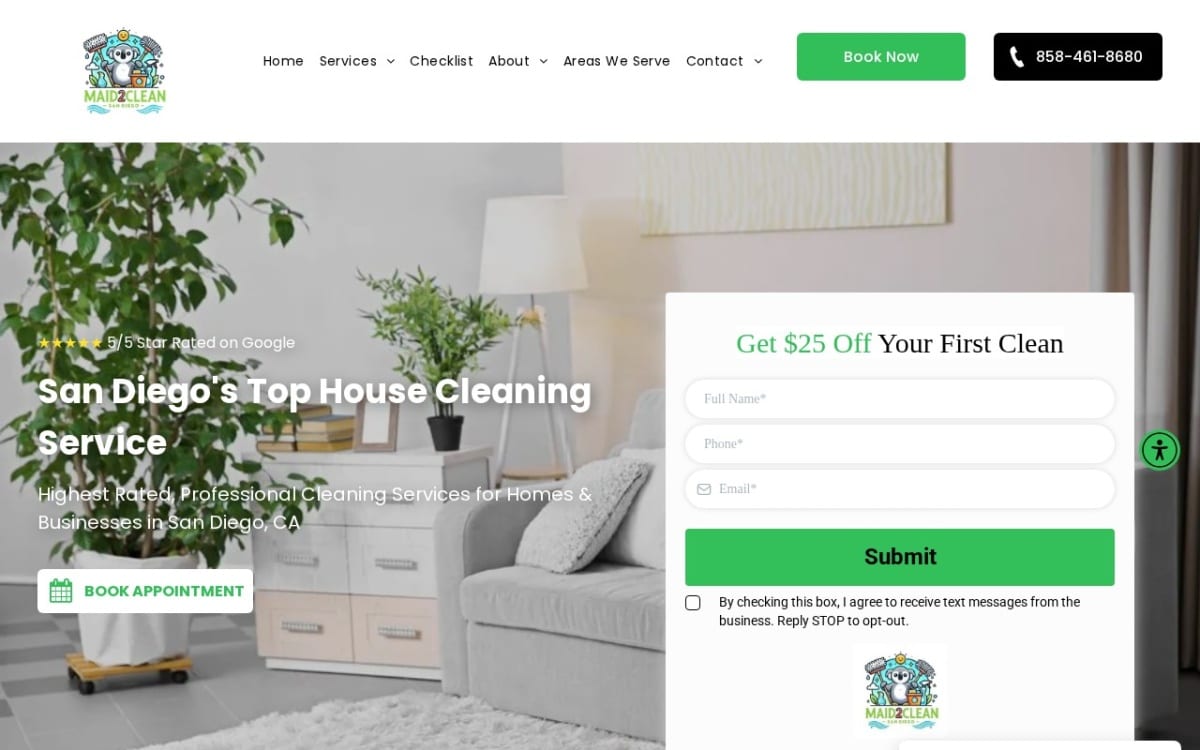 Maid 2 Clean San Diego cleaning service website homepage