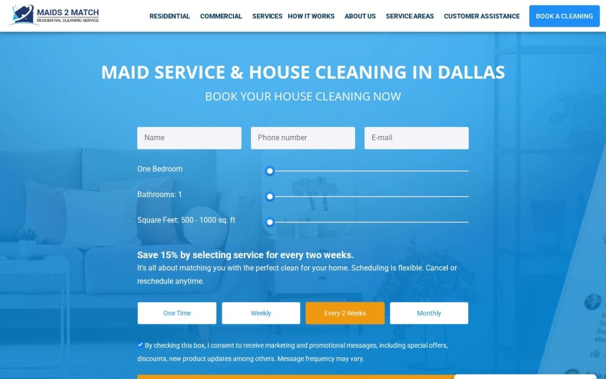 Maids 2 Match cleaning service website homepage