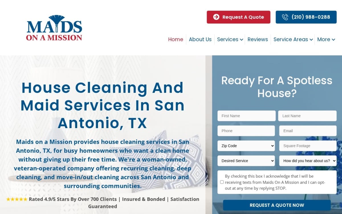 Maids on a Mission cleaning service website homepage