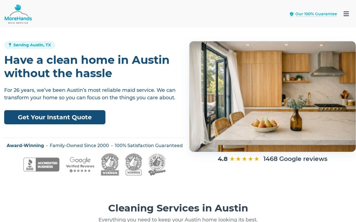 MoreHands Maid Service cleaning service website homepage