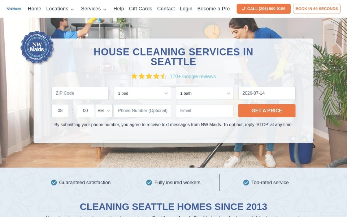 NW Maids House Cleaning Service of Seattle cleaning service website homepage