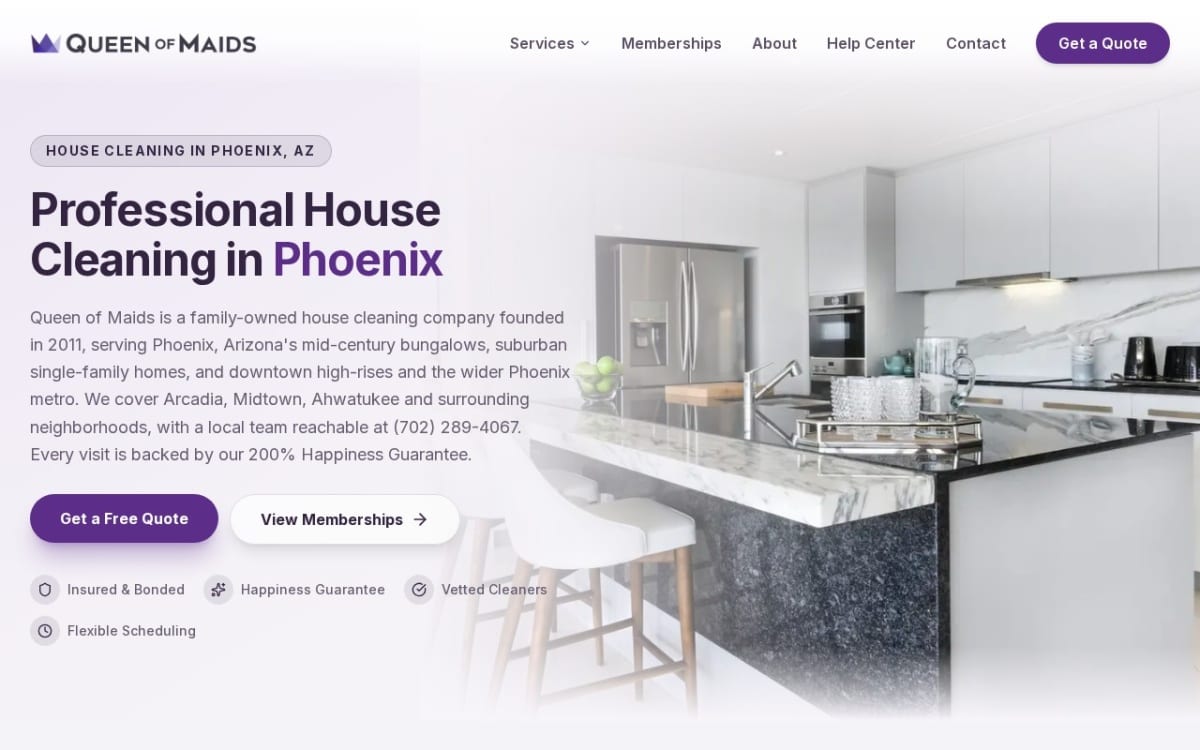 Queen of Maids Phoenix cleaning service website homepage