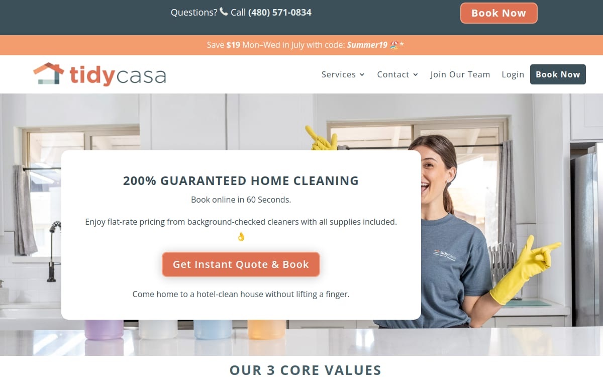 Tidy Casa cleaning service website homepage