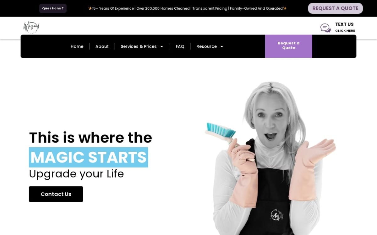 Wizard of Homes cleaning service website homepage