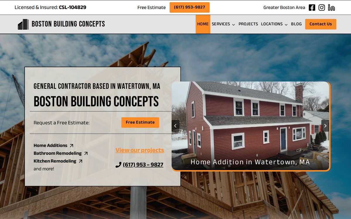 Boston Building Concepts contractor website homepage