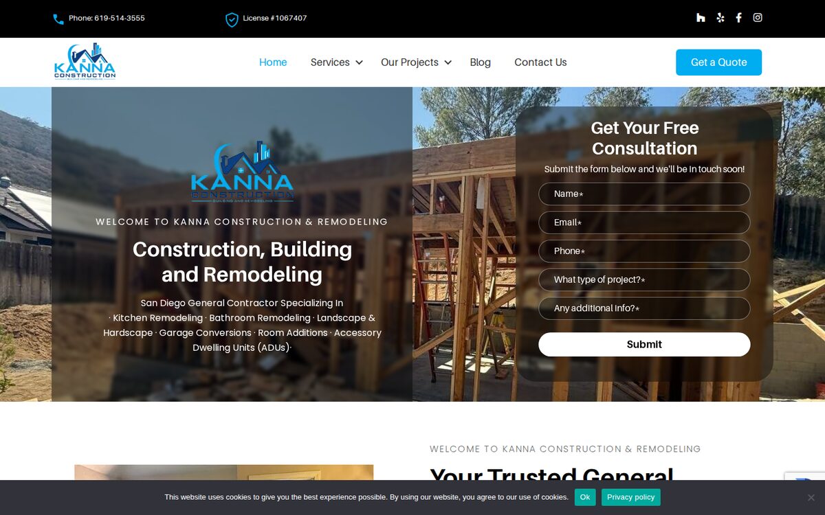 Kanna Construction and Remodeling contractor website homepage