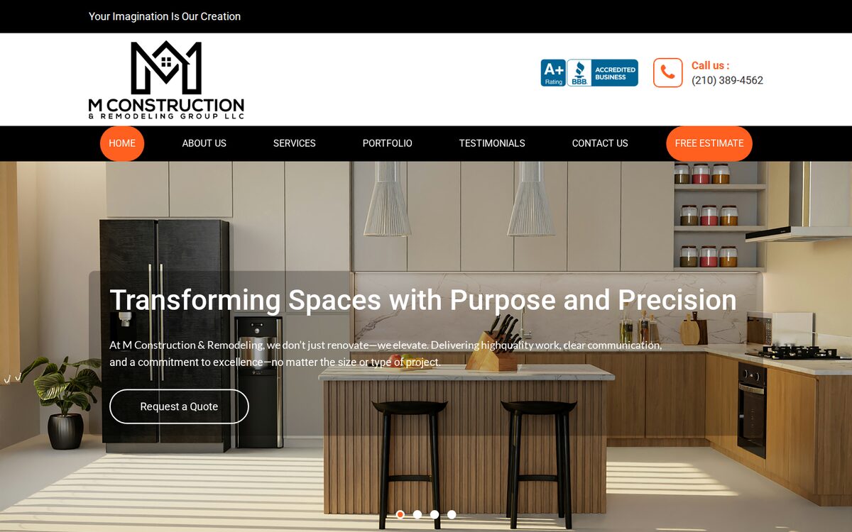 M Construction and Remodeling contractor website homepage