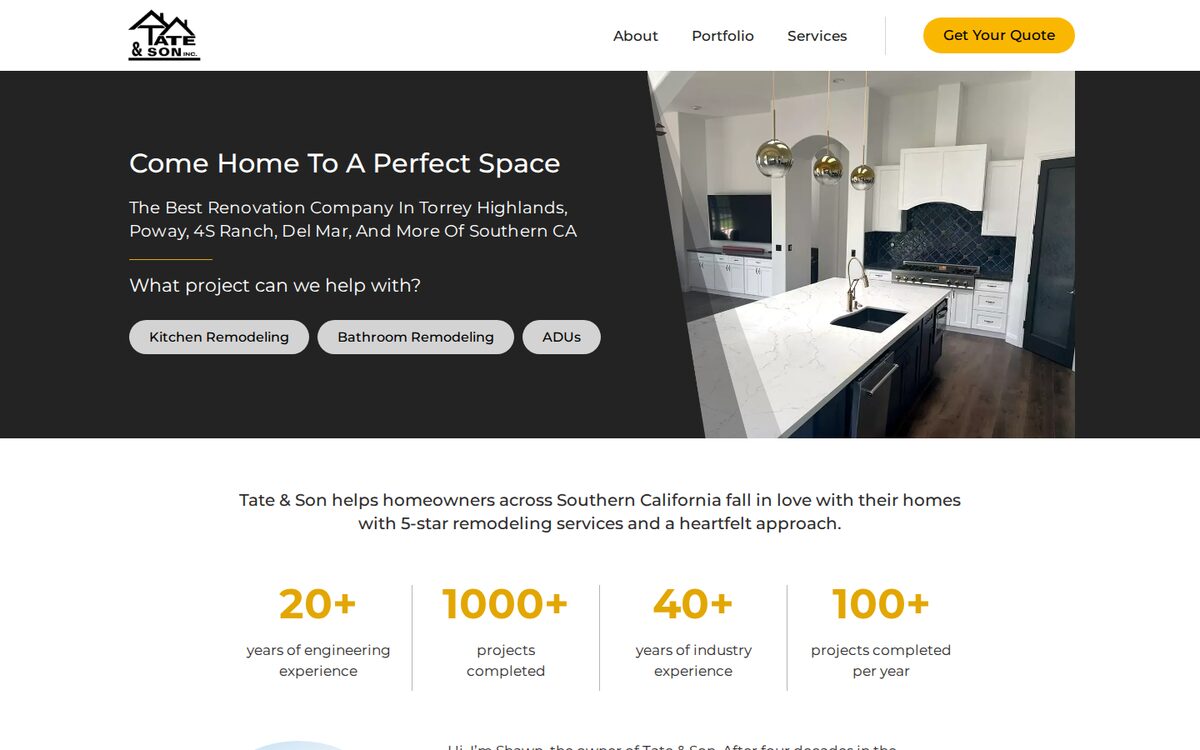 Tate and Son contractor website homepage