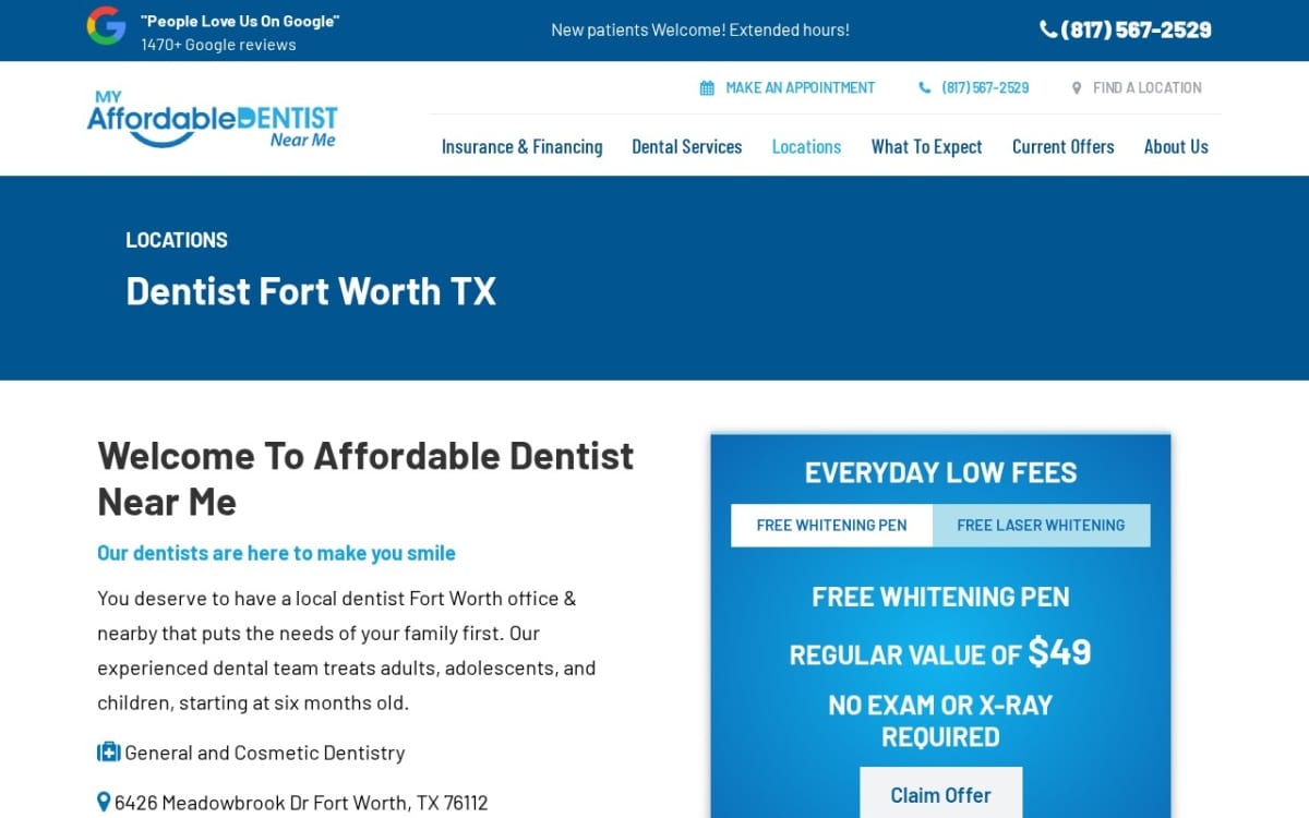 Affordable Dentist Near Me of Fort Worth dentist website homepage
