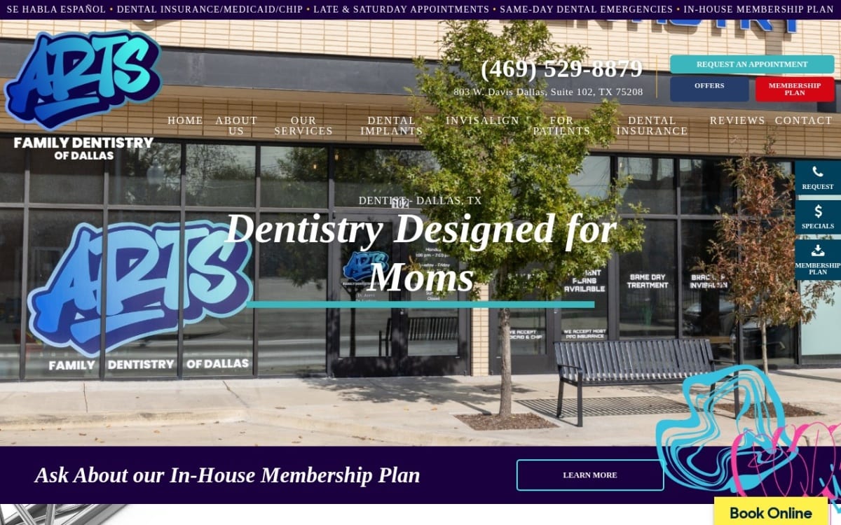 Arts Family Dentistry dentist website homepage