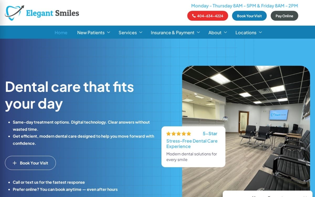 Elegant Smiles dentist website homepage
