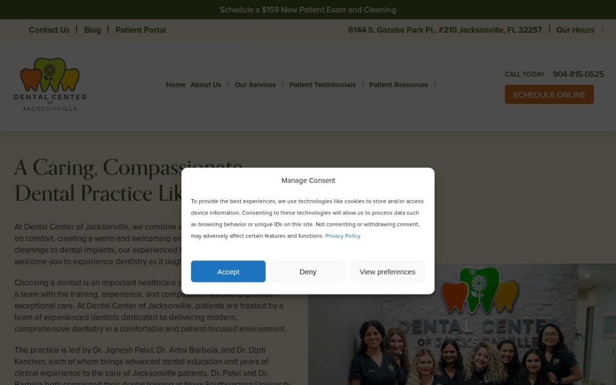 Dental Center of Jacksonville dentist website homepage