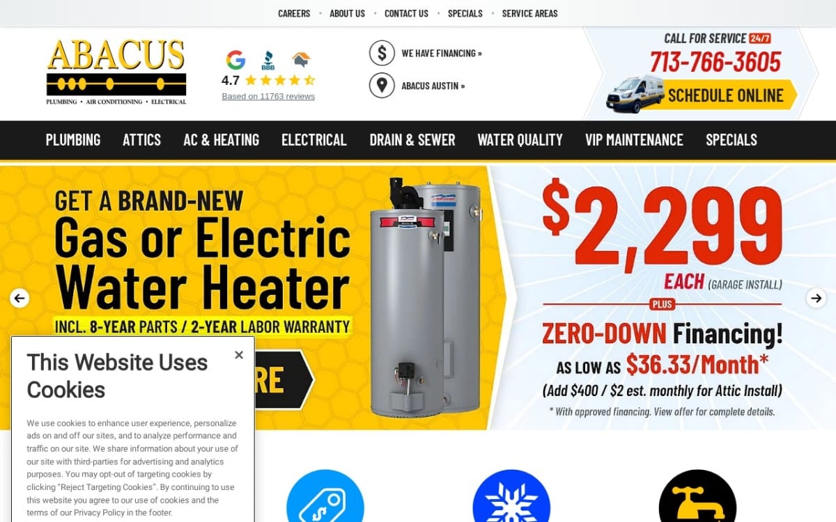 Abacus Plumbing, Air Conditioning, & Electrical electrician website homepage