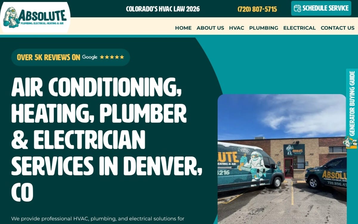 Absolute Plumbing, Electrical, Heating & Air electrician website homepage