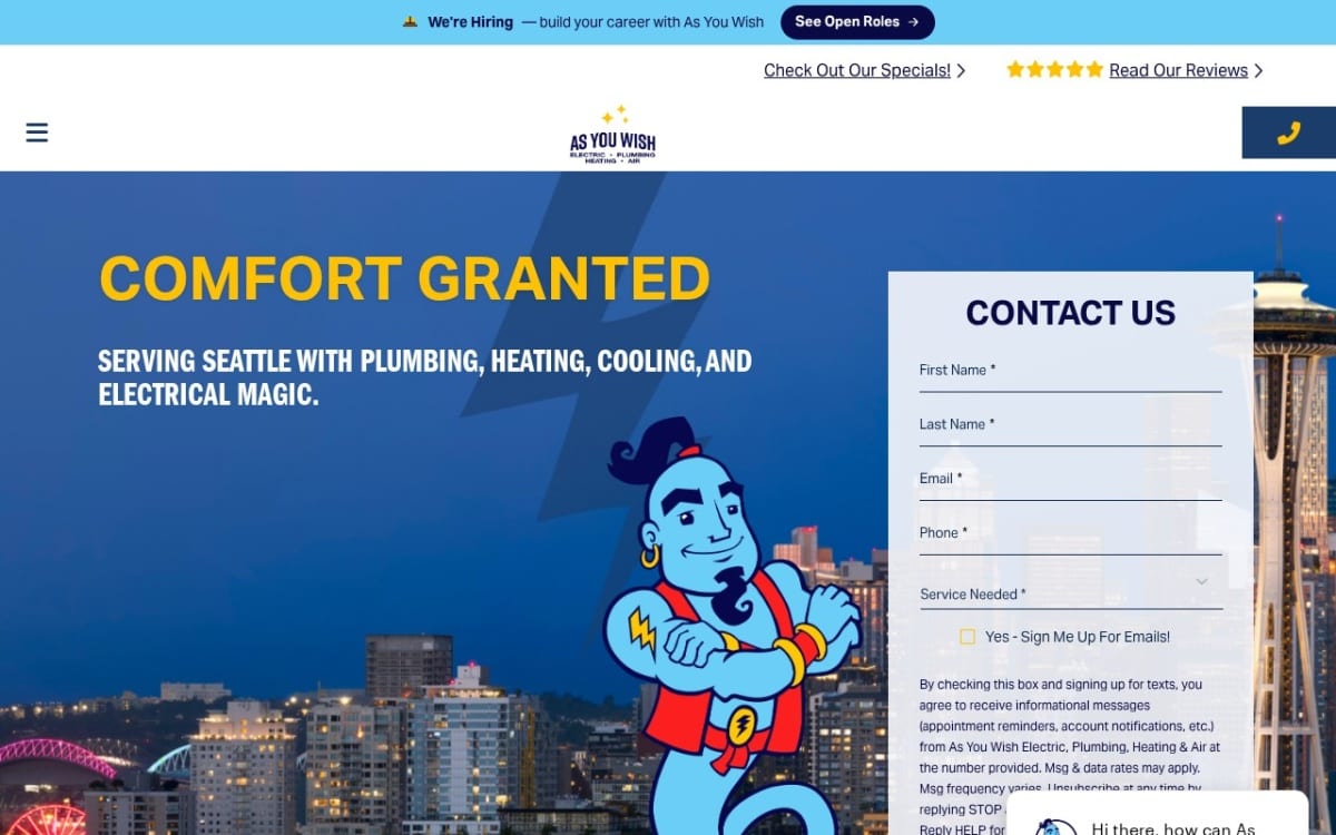 As You Wish Electric, Plumbing, Heating & Air electrician website homepage